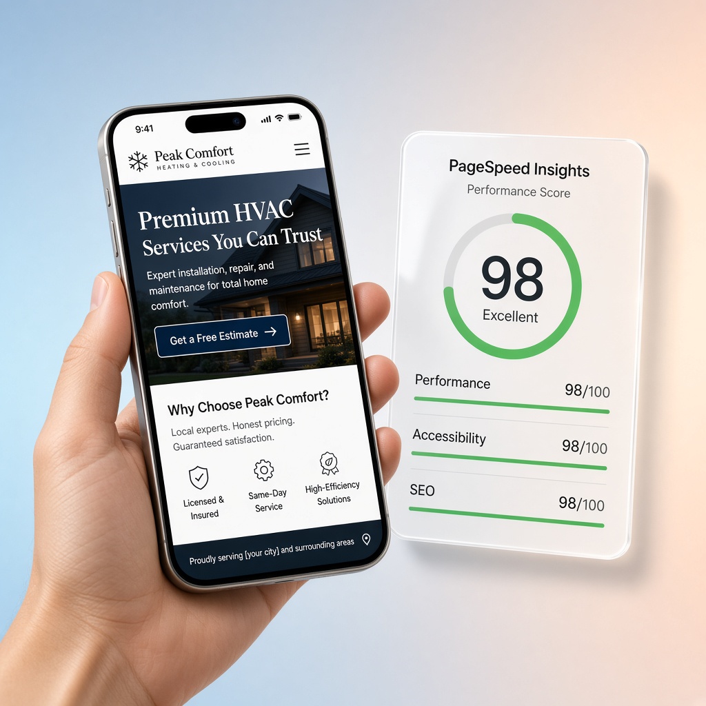 iPhone showing a conversion-ready site with a 98 PageSpeed score
